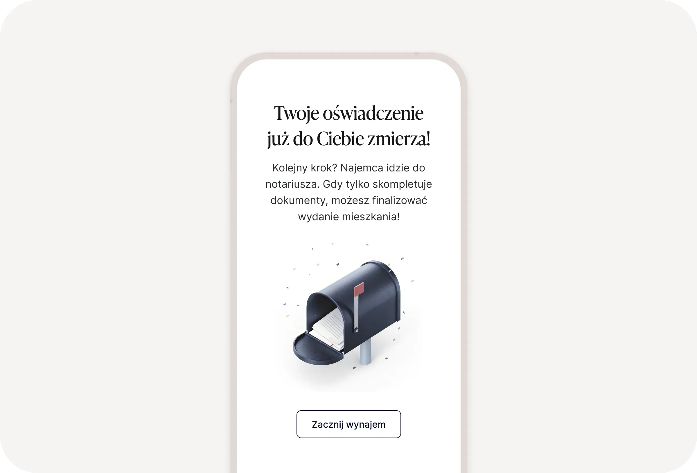Ekran potwierdzenia wysyłki oświadczenia do najmu okazjonalnego w aplikacji simpl.rent z informacją o kolejnym kroku u notariusza